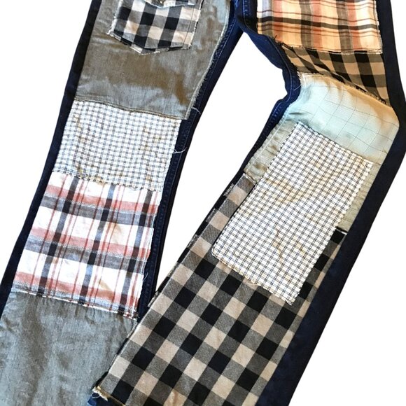 Upcycled Patchwork Jeans 32x32: Tattered Grunge Denim, Campus Life Hippie Pants - Picture 5 of 9